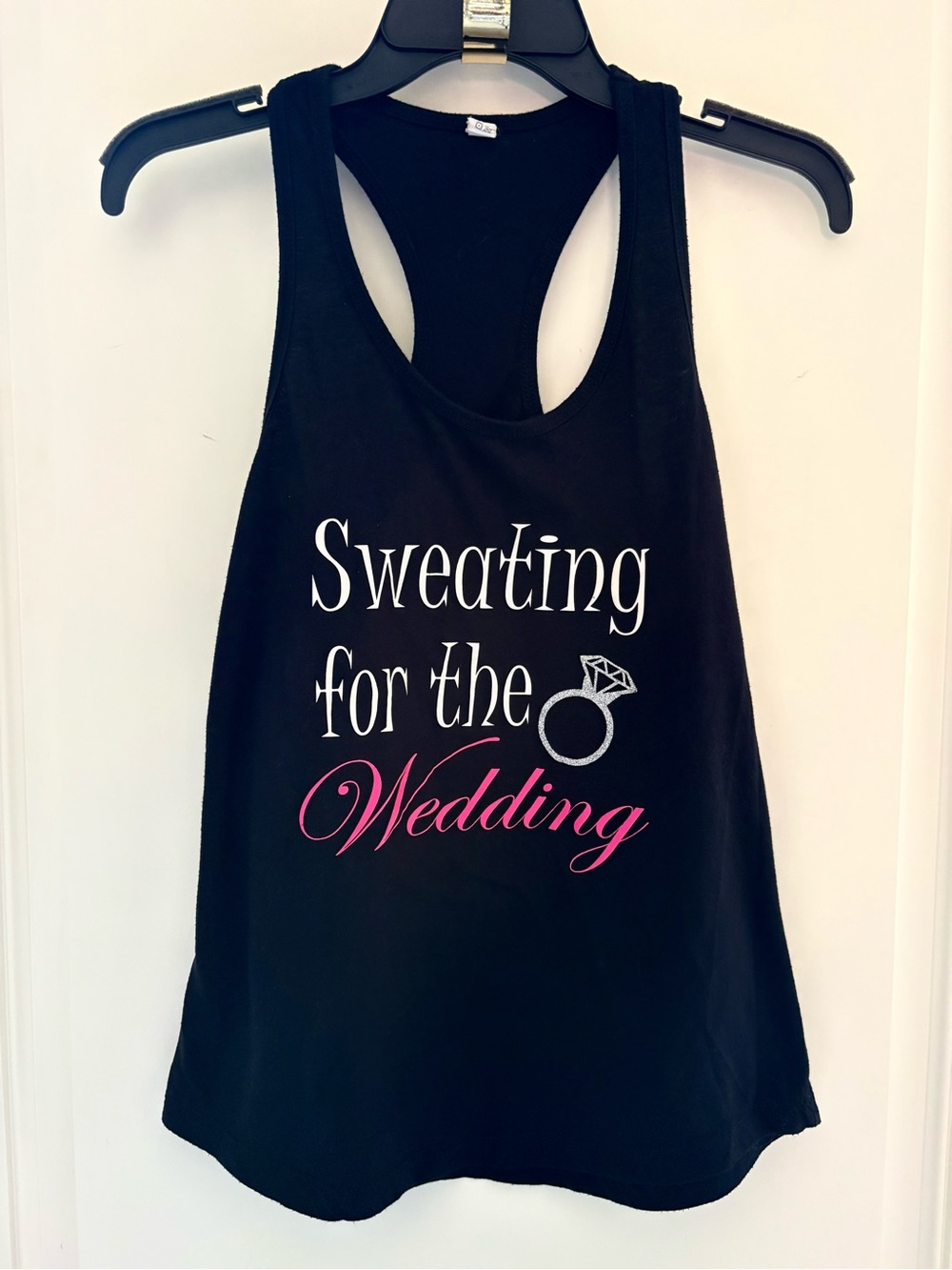Ideal T “Sweating for the Wedding” black racerback t-shirt 

B